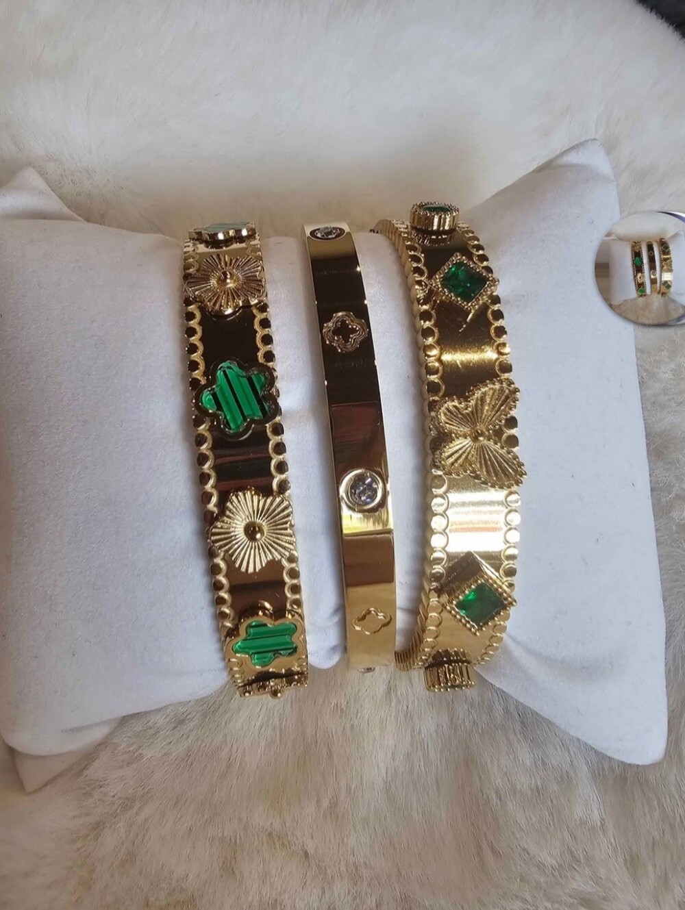 New Design 18K Gold Plated Stainless Steel Flower & Butterflies Bracelet, Green.